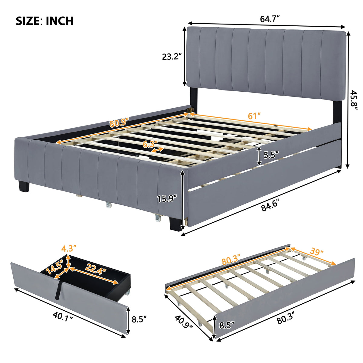 Eden Tali queen velvet upholstered bed with trundle and drawers view 1