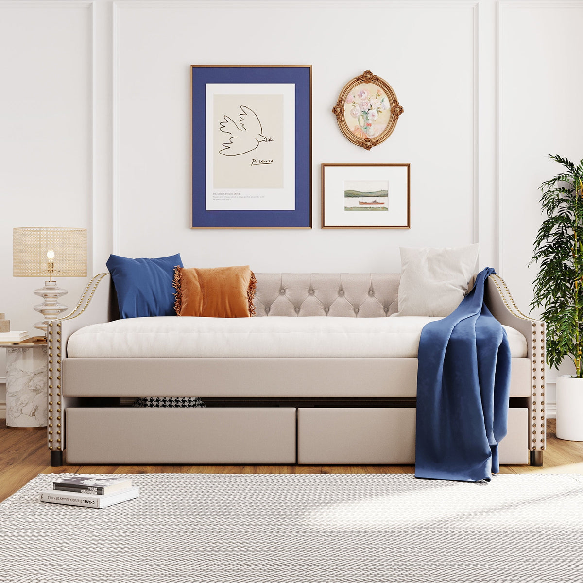Eden Tali full upholstered daybed with two drawers in a bedroom setting