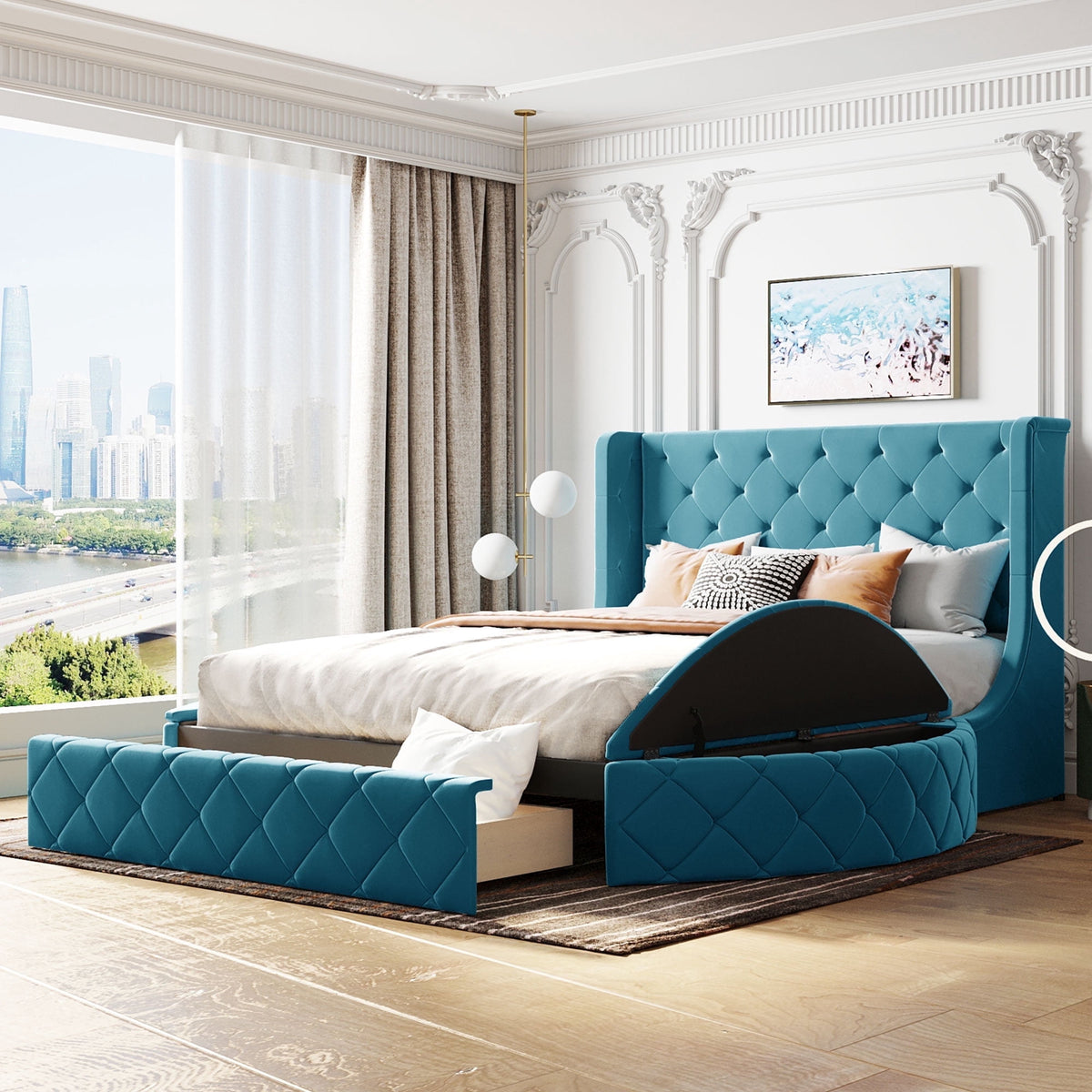 Eden Tali queen velvet storage platform bed in a bedroom setting