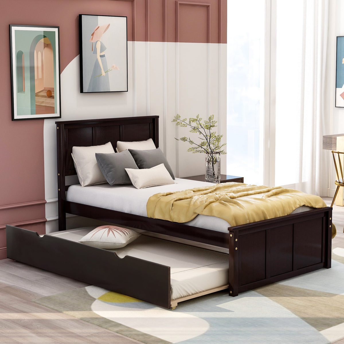 Eden Tali twin wood bed with headboard and trundle in a bedroom setting