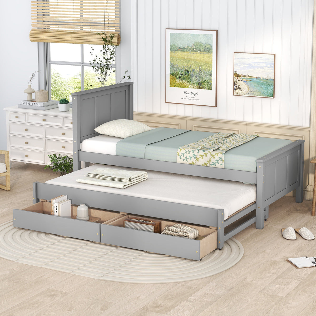 Eden Tali twin platform bed with trundle and roller drawers in a bedroom setting