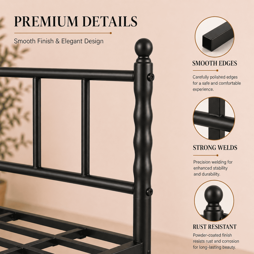 Eden Tali heavy duty steel platform bed with spindle headboard view 1