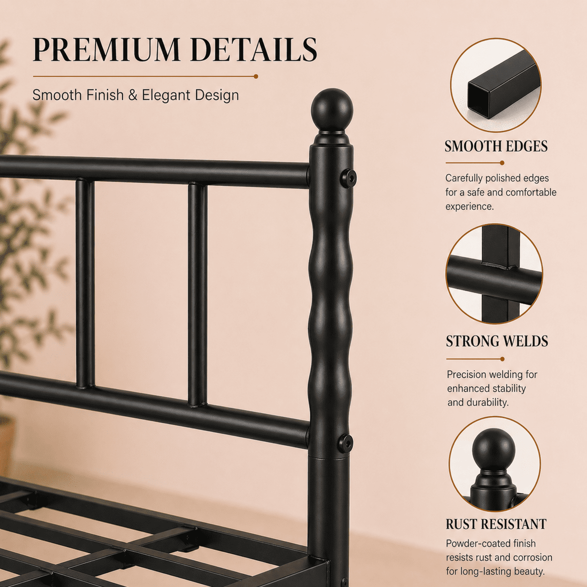 Eden Tali heavy duty steel platform bed with spindle headboard view 1
