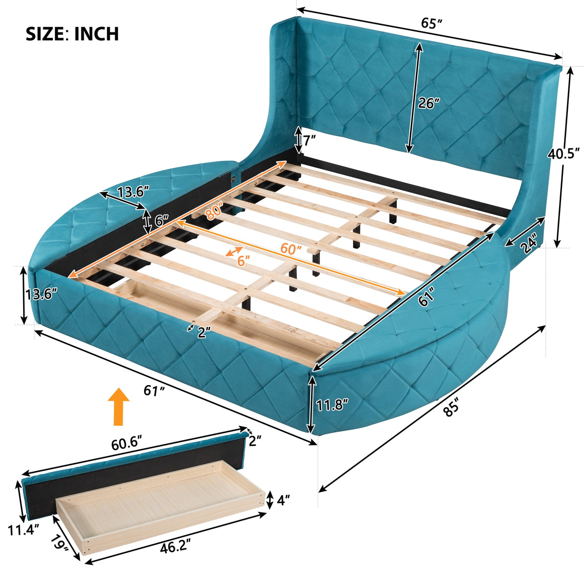 Eden Tali queen velvet storage platform bed view 6