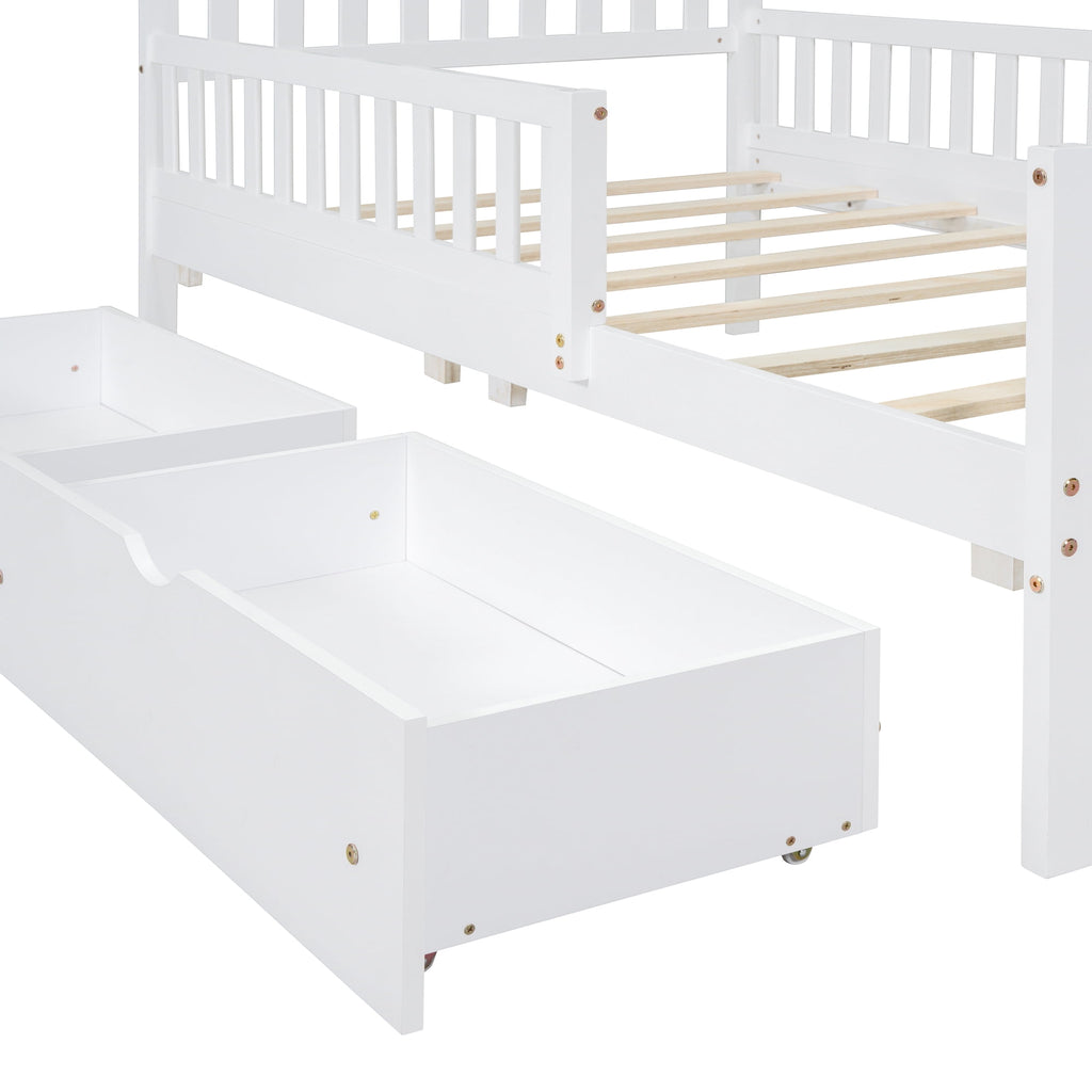 Eden Tali kids wood platform bed with guardrails and drawers view 1