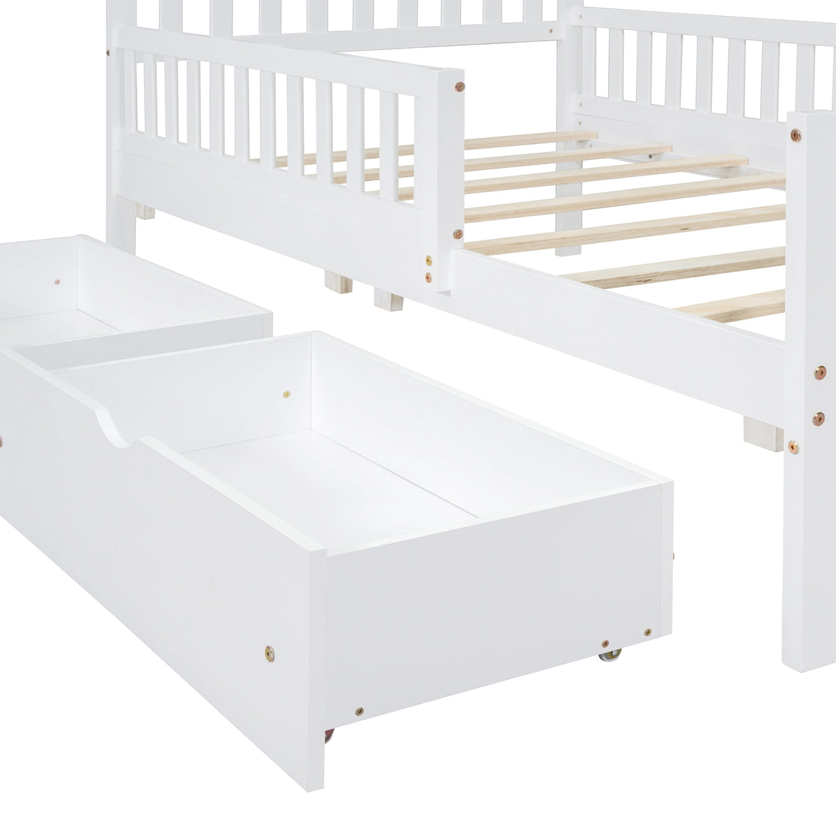 Eden Tali kids wood platform bed with guardrails and drawers view 1
