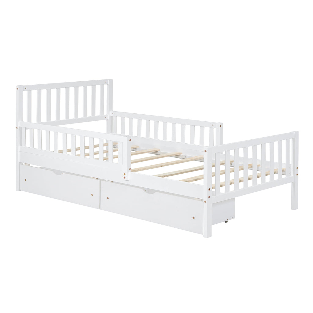 Eden Tali kids wood platform bed with guardrails and drawers view 4
