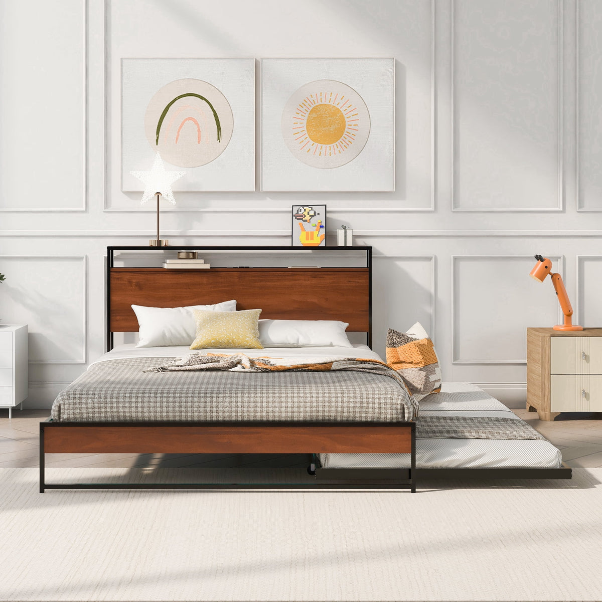 Eden Tali metal platform bed with trundle and USB shelves view 2