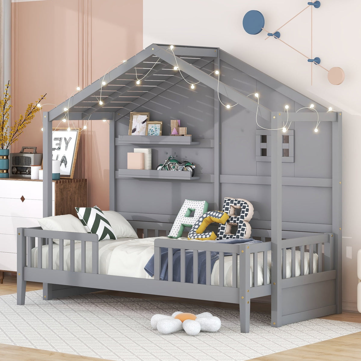 Eden Tali twin house bed with shelves and light strip view 1