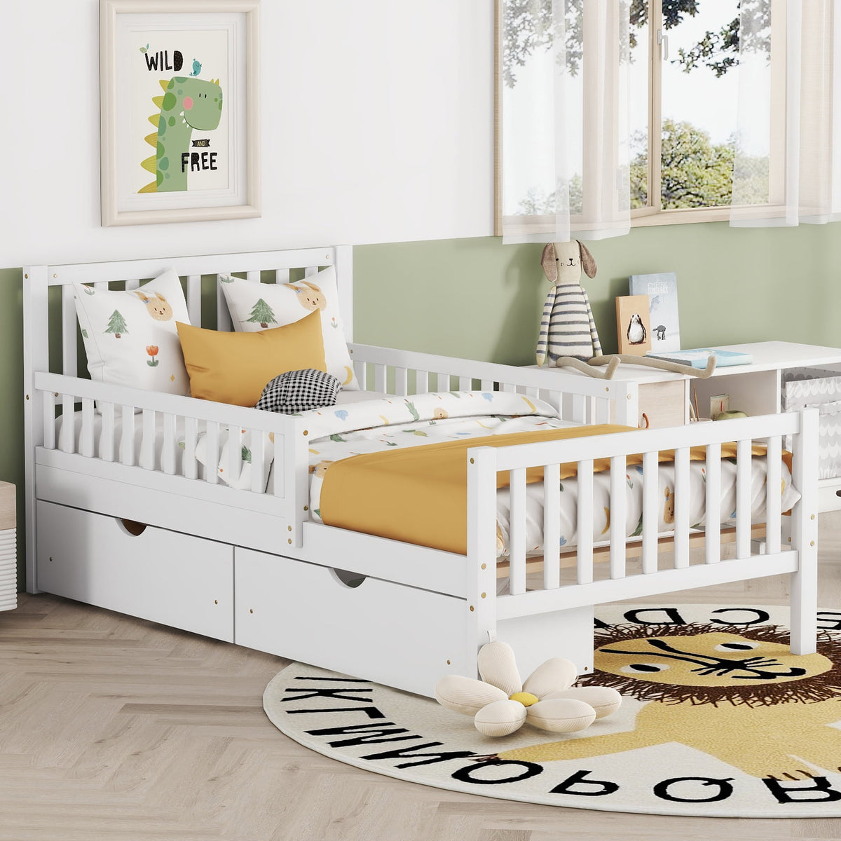 Eden Tali kids wood platform bed with guardrails and drawers view 2