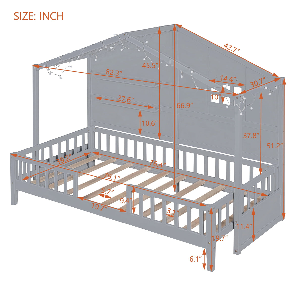 Eden Tali twin house bed with shelves and light strip view 3