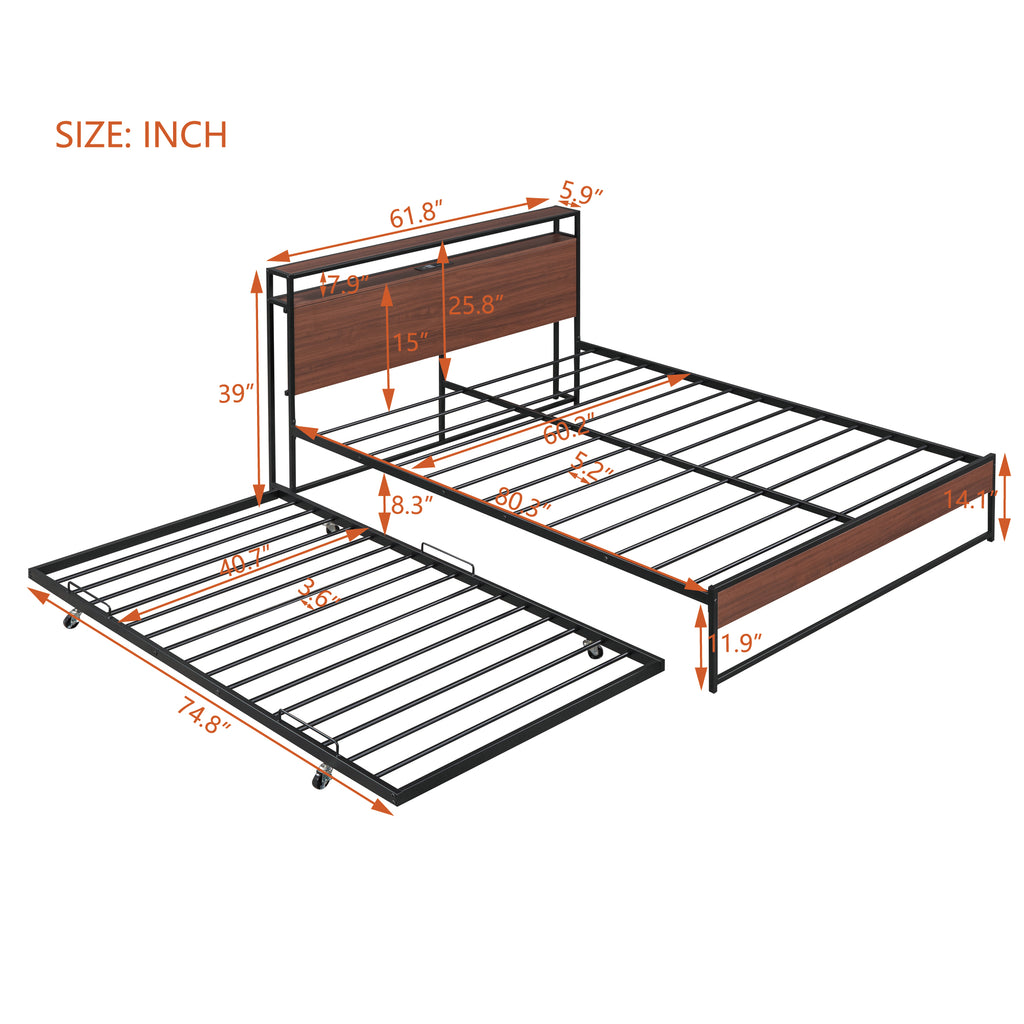 Eden Tali metal platform bed with trundle and USB shelves view 1