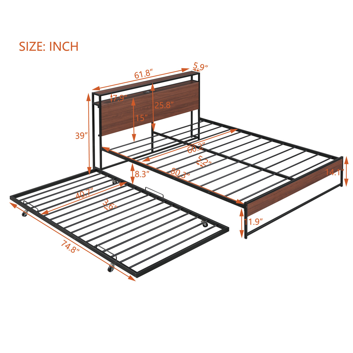 Eden Tali metal platform bed with trundle and USB shelves view 1