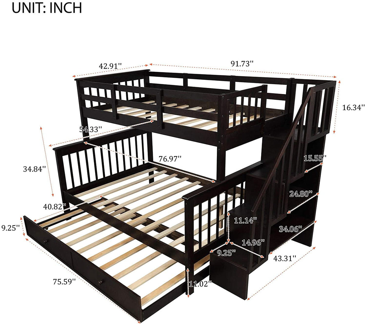 Eden Tali twin over full bunk bed with trundle and stairs view 1
