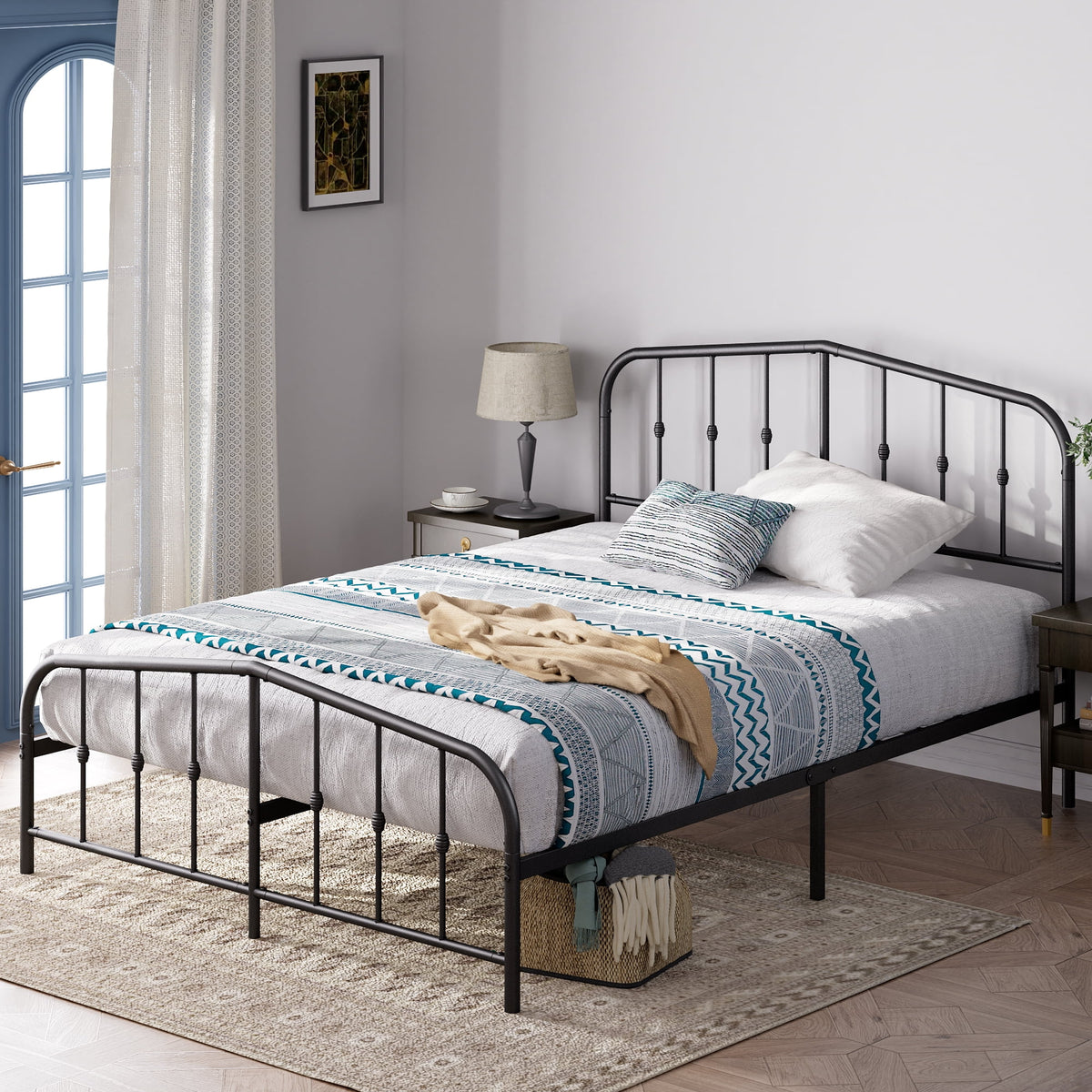 Eden Tali farmhouse steel platform bed with spindle headboard view 1