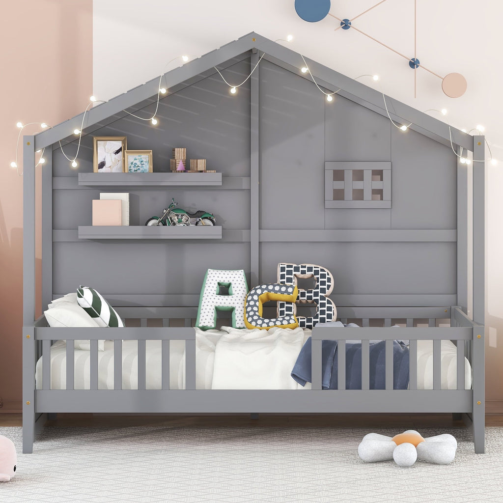 Eden Tali twin house bed with shelves and light strip view 2