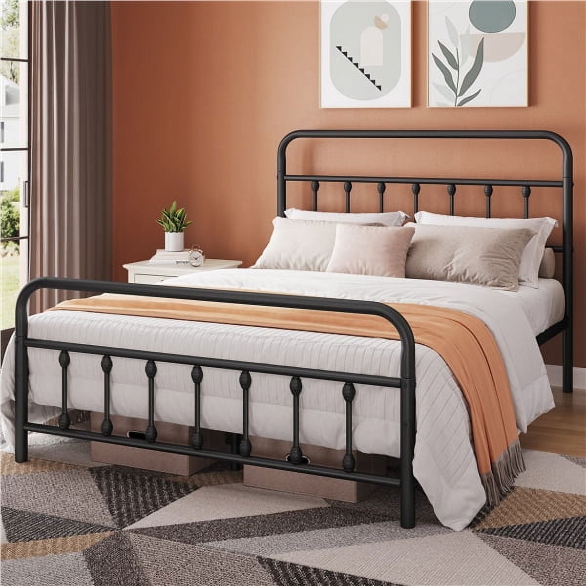 Eden Tali black metal platform bed with high headboard in a bedroom setting