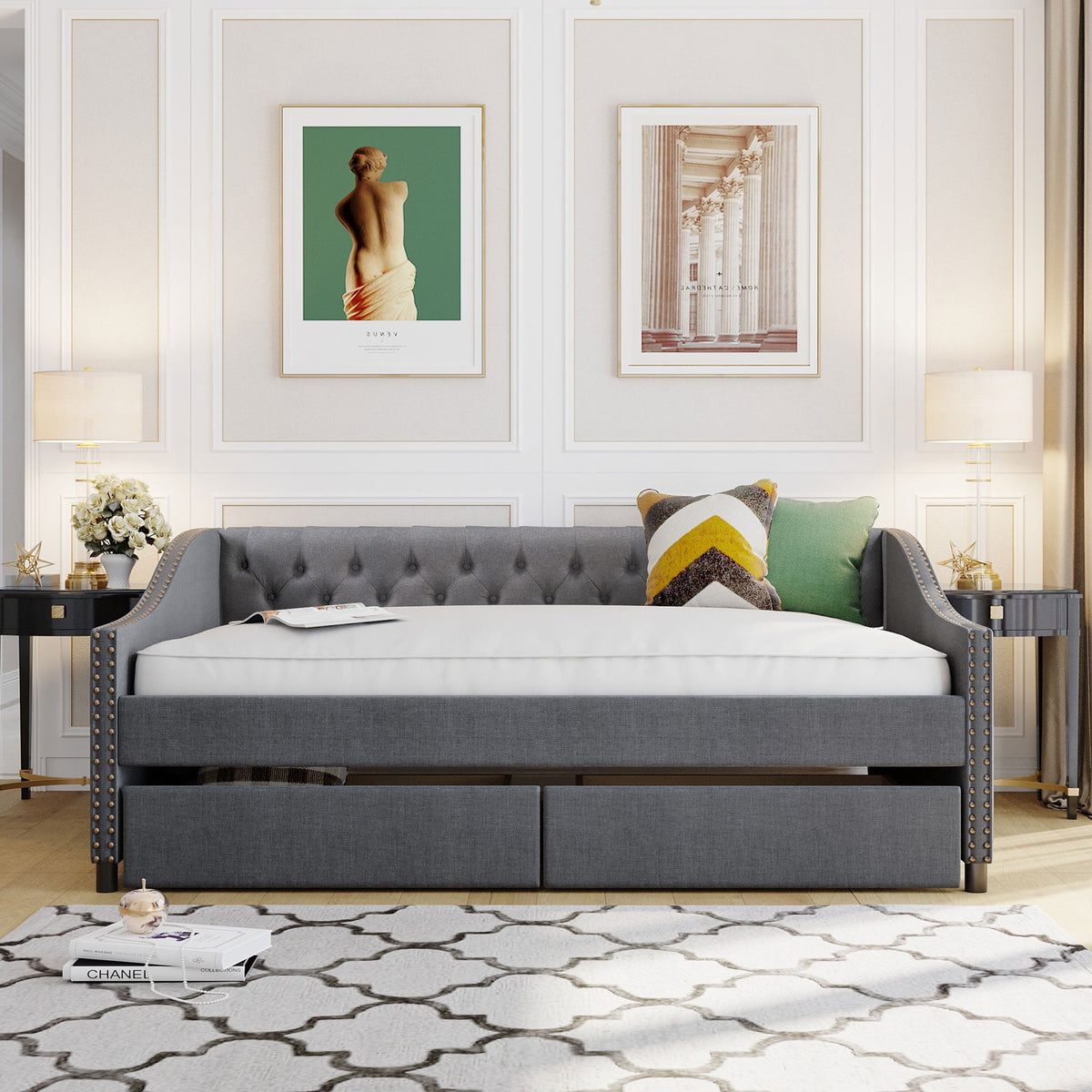 Eden Tali™ Full Upholstered Daybed with Backrest and Two Drawers