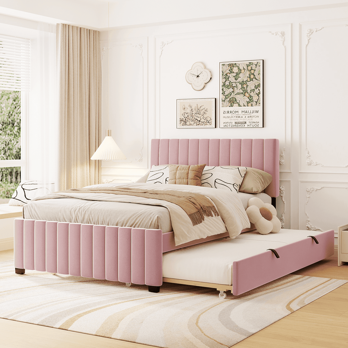 Eden Tali full velvet platform bed with trundle and drawers in a bedroom setting