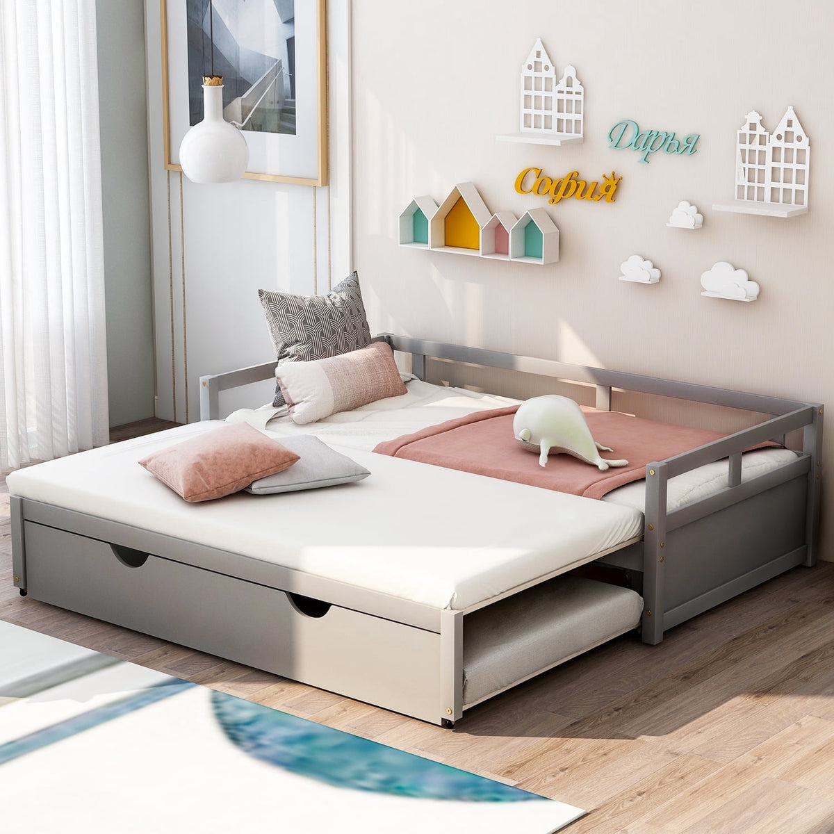 Eden Tali expandable pine daybed with trundle in a bedroom setting