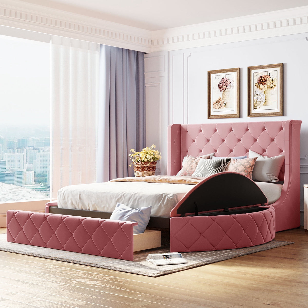 Eden Tali™ Queen Velvet Storage Platform Bed with Wingback Headboard