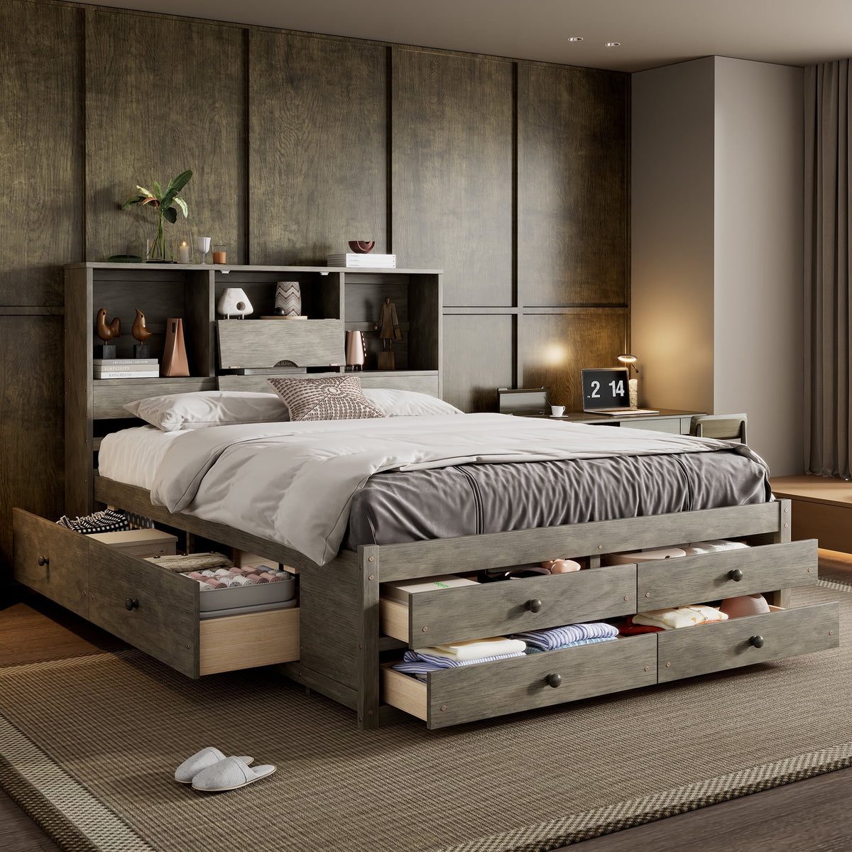 Eden Tali™ Queen Storage Platform Bed with Headboard Shelves and 8 Drawers