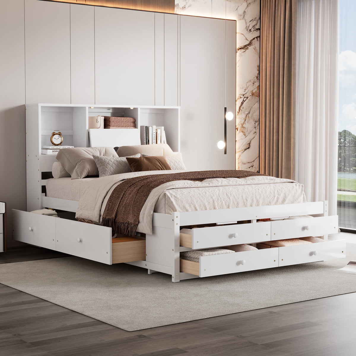 Eden Tali queen storage platform bed with headboard shelves and drawers in a bedroom setting