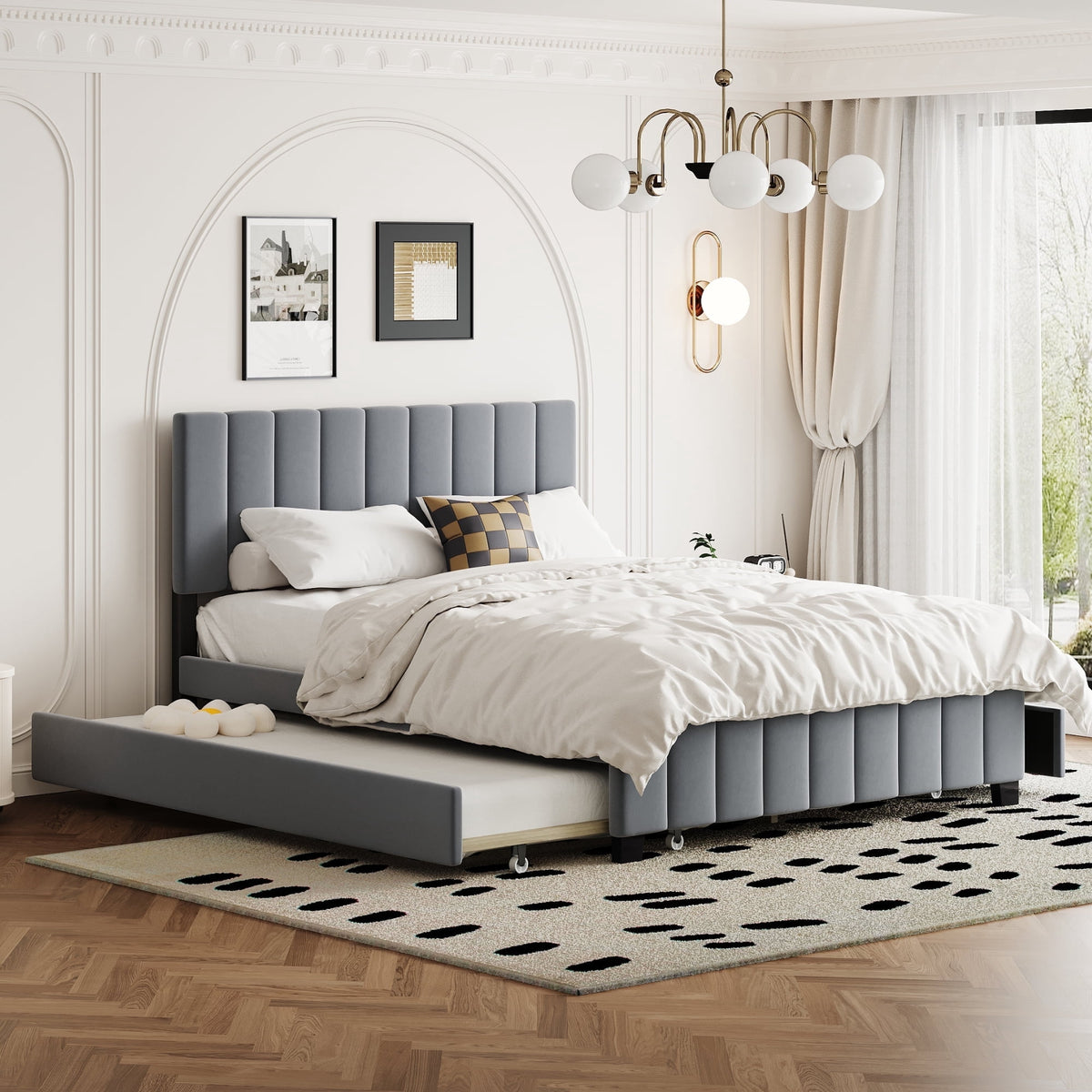 Eden Tali queen velvet upholstered bed with trundle and drawers in a bedroom setting