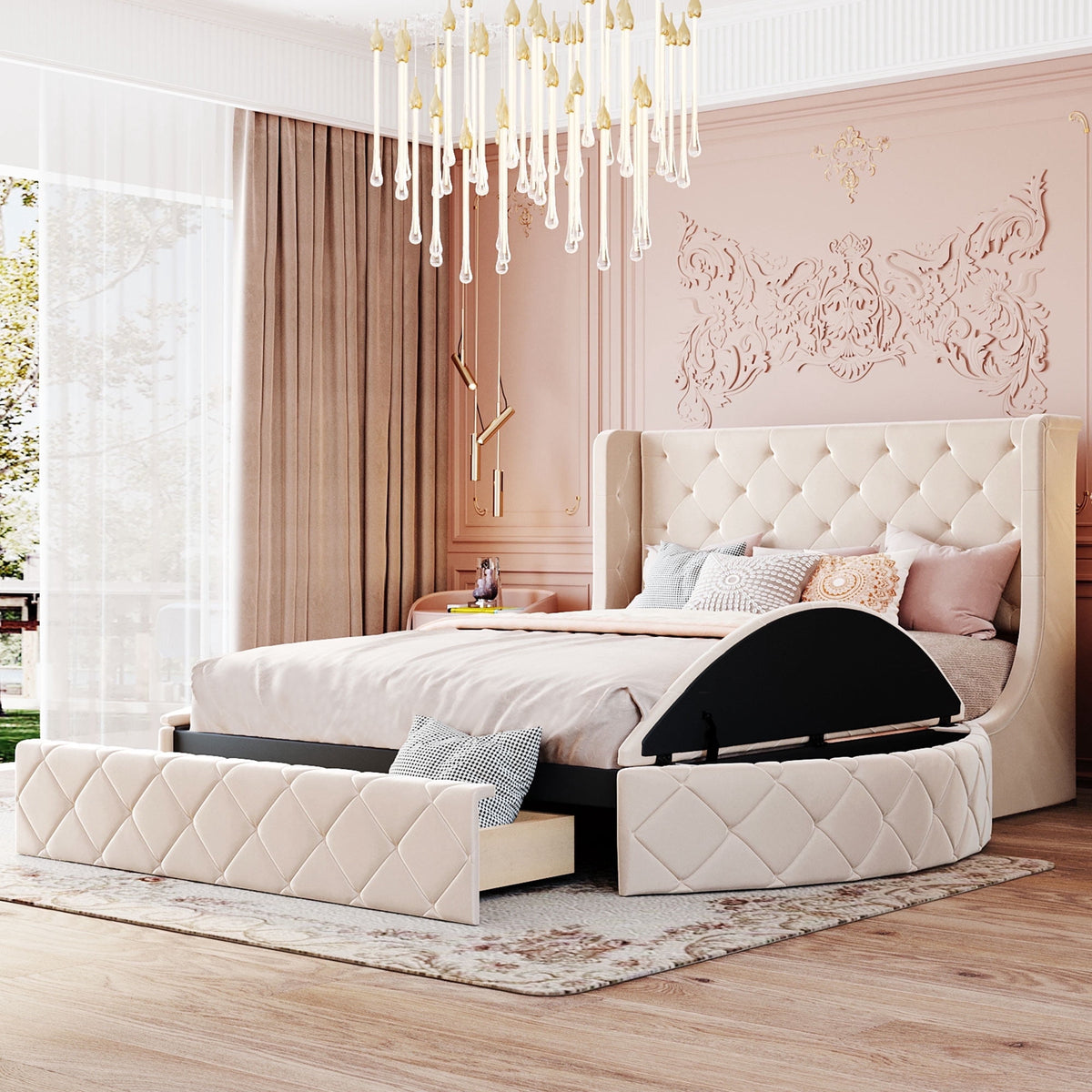 Eden Tali™ Queen Velvet Storage Platform Bed with Wingback Headboard