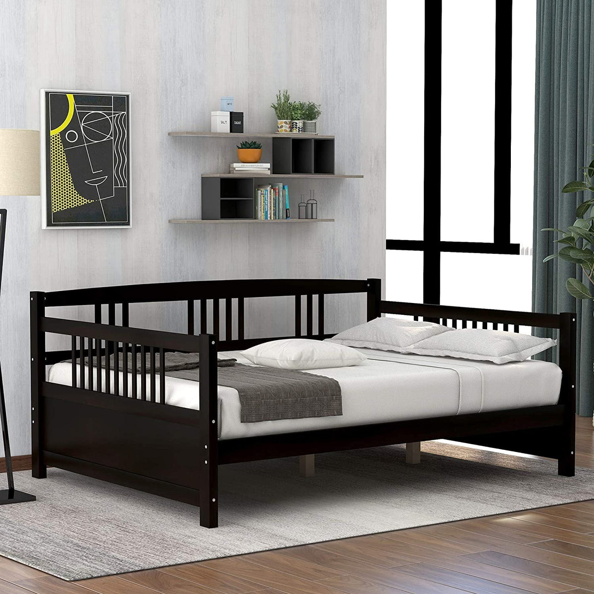 Eden Tali solid wood daybed with three-side rail in a bedroom setting