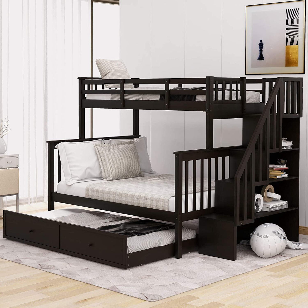 Eden Tali twin over full bunk bed with trundle and stairs in a bedroom setting