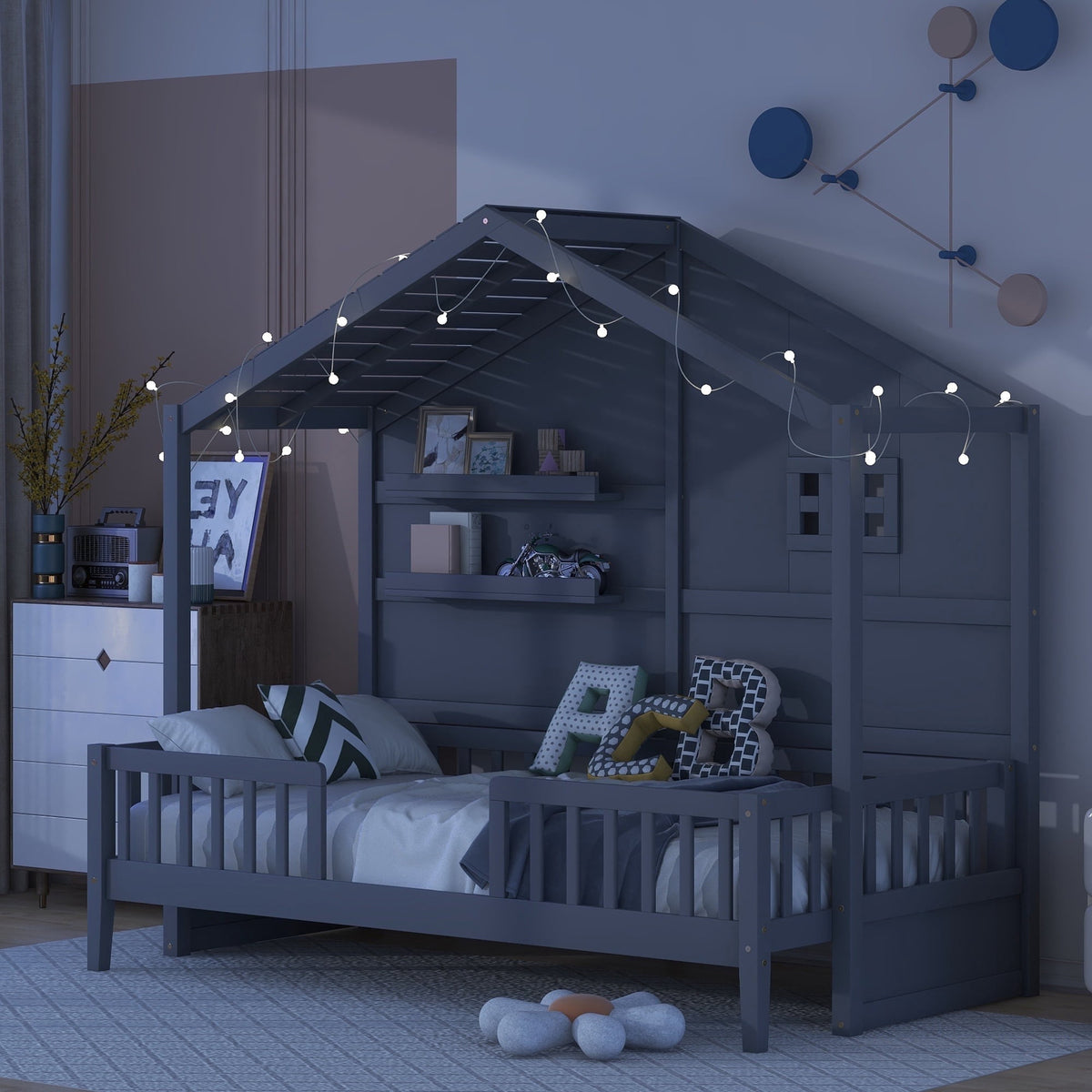 Eden Tali twin house bed with shelves and light strip in a bedroom setting