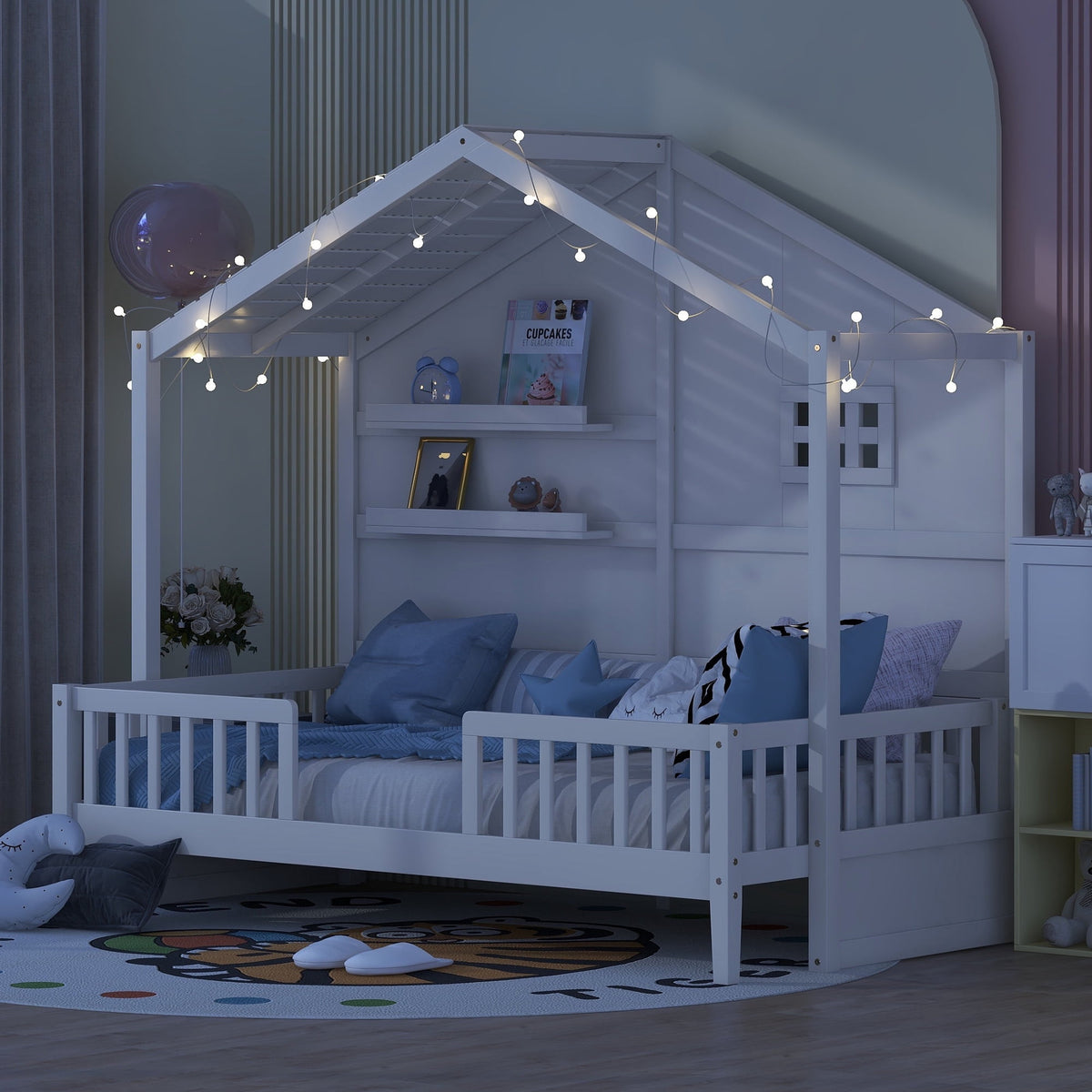 Eden Tali™ Twin House Bed with Storage Shelves and Roof Light Strip