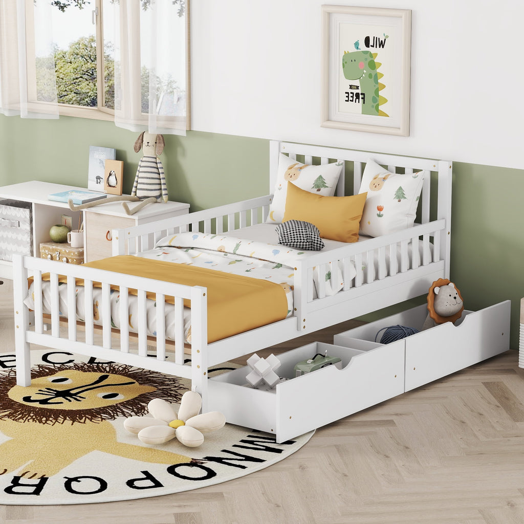 Eden Tali kids wood platform bed with guardrails and drawers in a bedroom setting