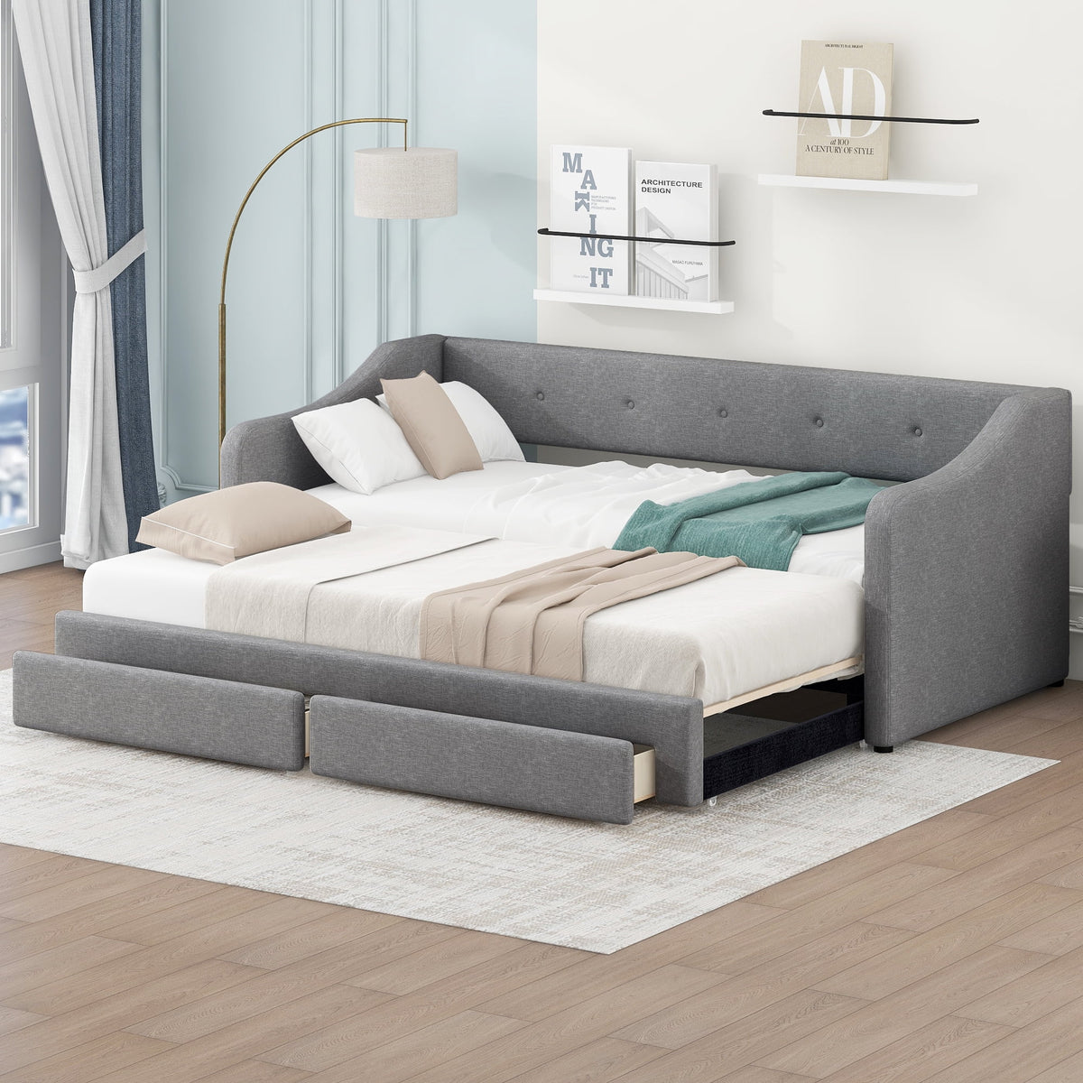 Eden Tali linen upholstered daybed with two drawers in a bedroom setting