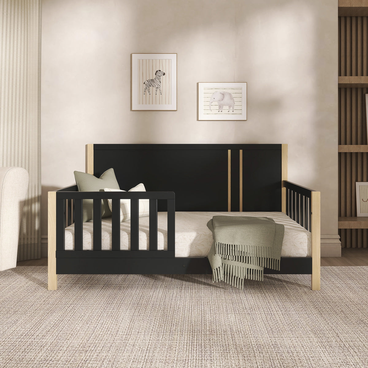 Eden Tali pine toddler bed with guardrail in a bedroom setting