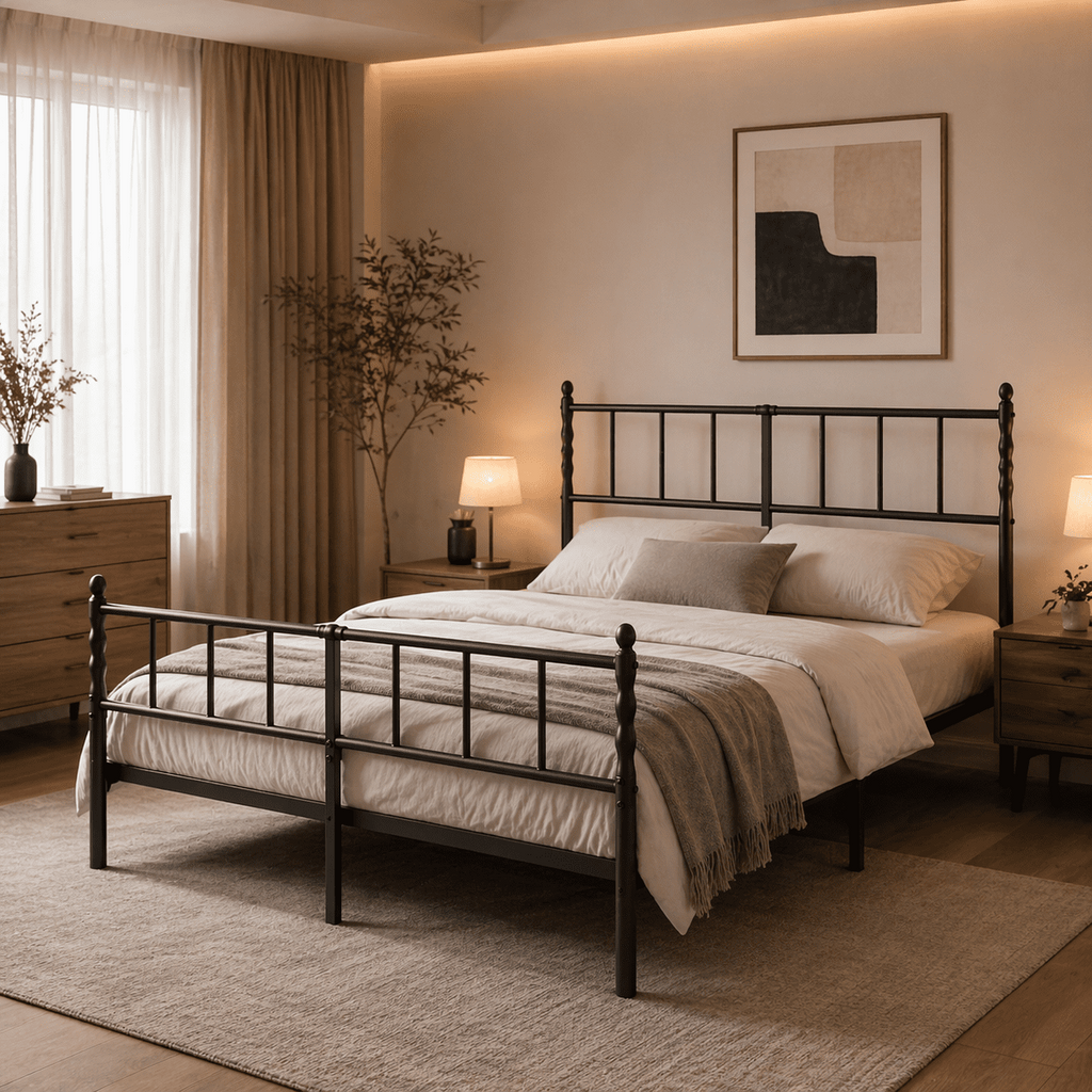Eden Tali heavy duty steel platform bed with spindle headboard in a bedroom setting