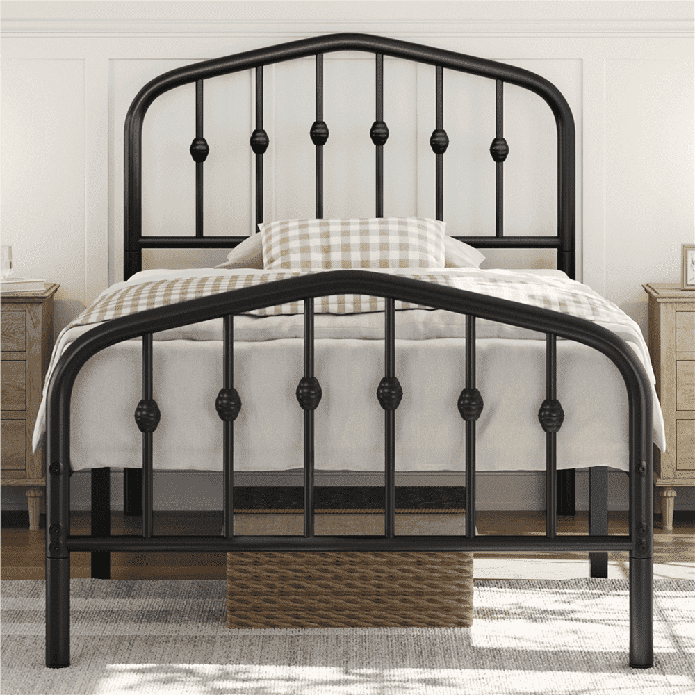 Eden Tali arched metal platform bed with spindle detail in a bedroom setting