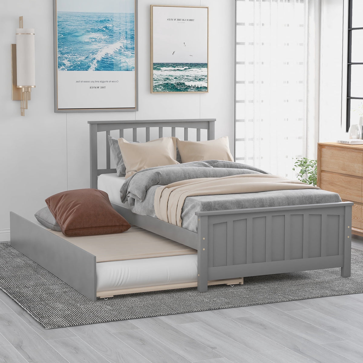Eden Tali twin wood platform bed with roll out trundle in a bedroom setting