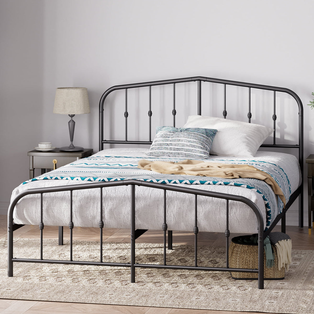 Eden Tali farmhouse steel platform bed with spindle headboard in a bedroom setting