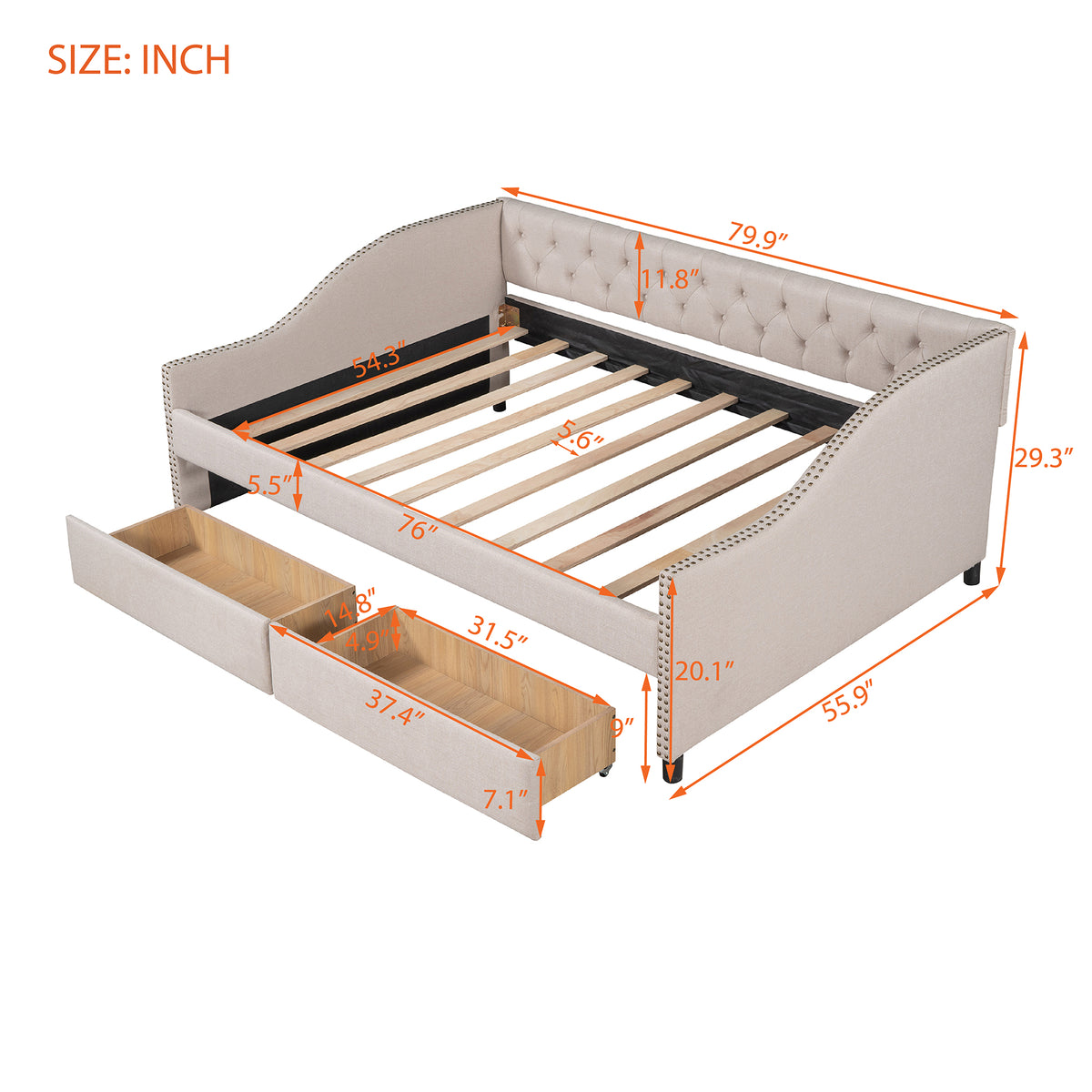 Eden Tali full upholstered daybed with two drawers view 1