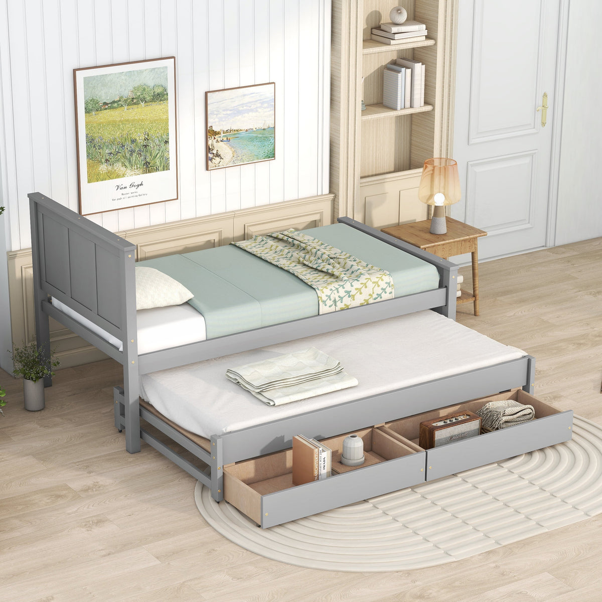 Eden Tali twin platform bed with trundle and roller drawers view 3