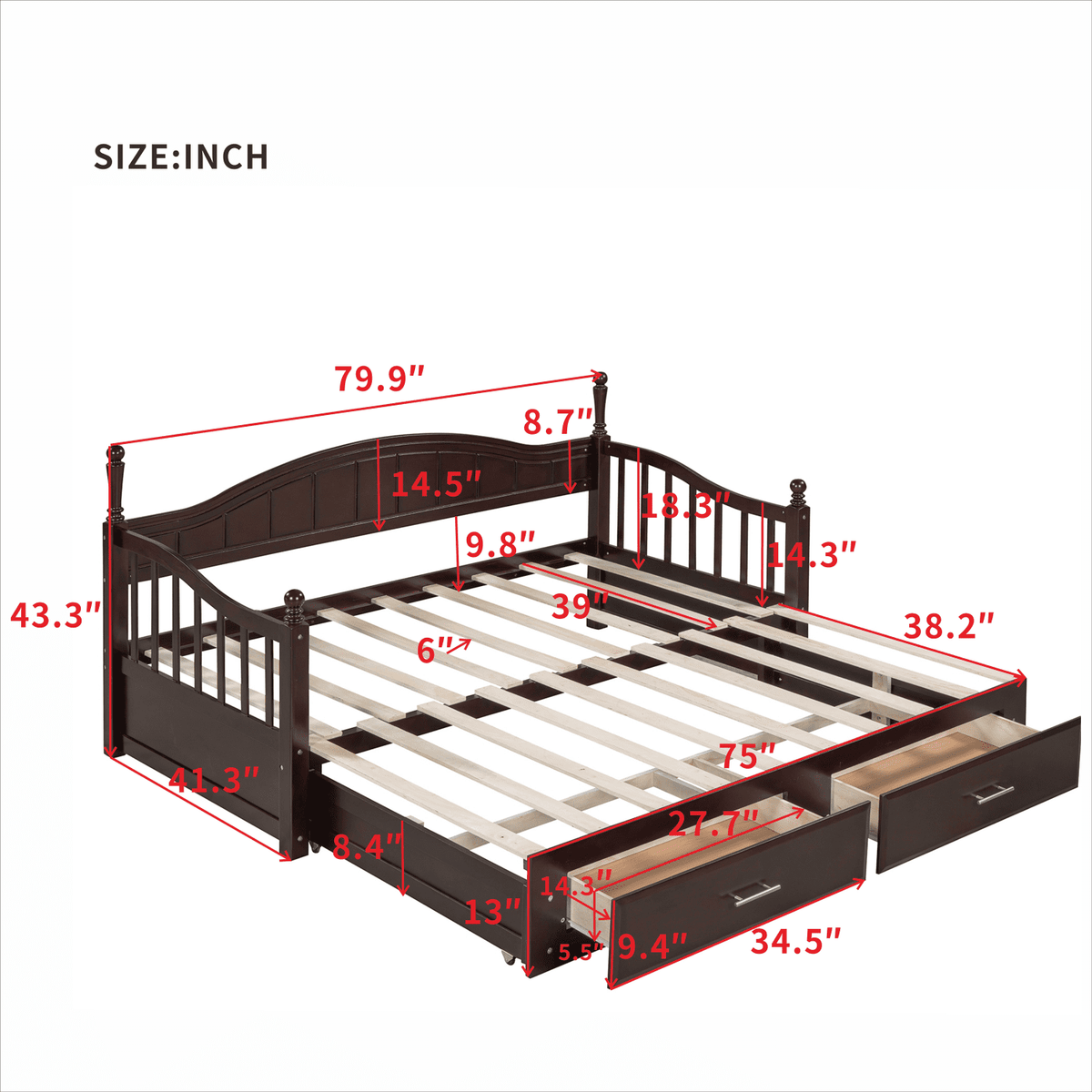 Eden Tali wood daybed with trundle and two drawers view 1