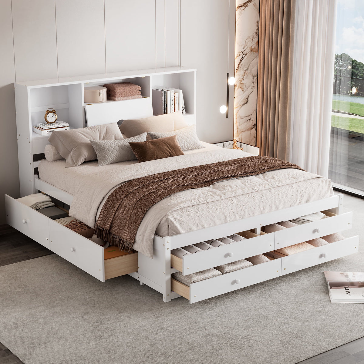 Eden Tali queen storage platform bed with headboard shelves and drawers view 2