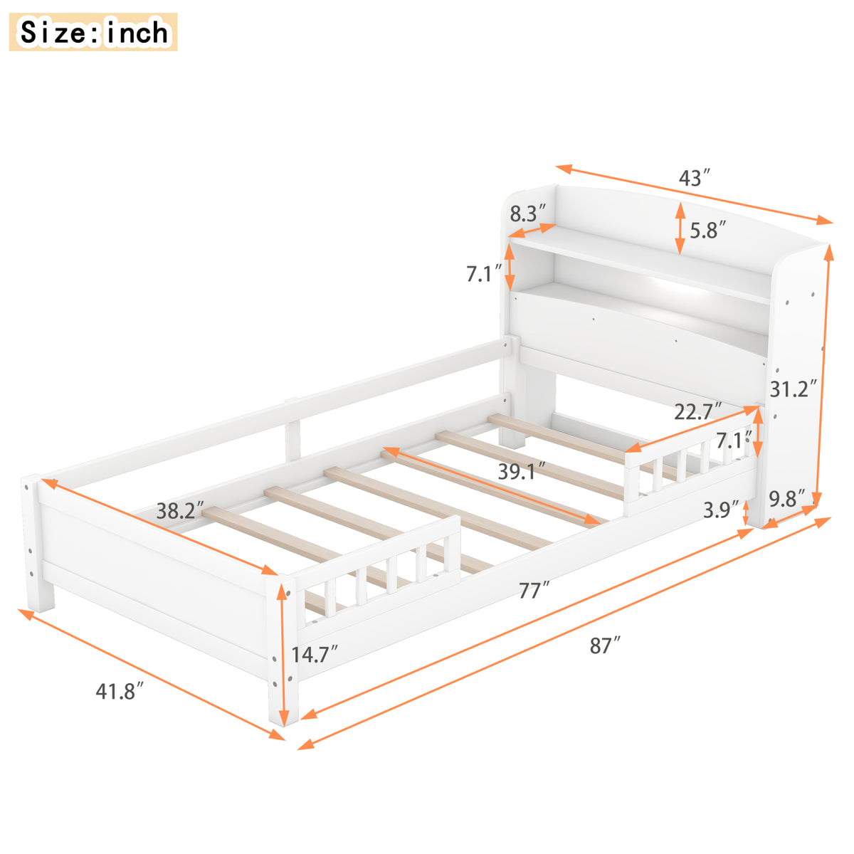 Eden Tali kids bed with storage headboard and LED light view 3